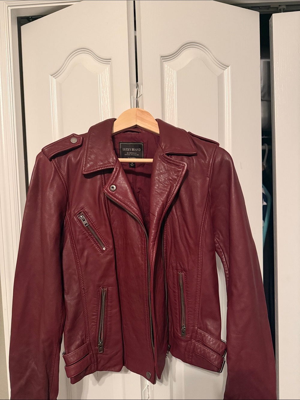 Lucky Brand Wine Red Leather Moto Jacket
